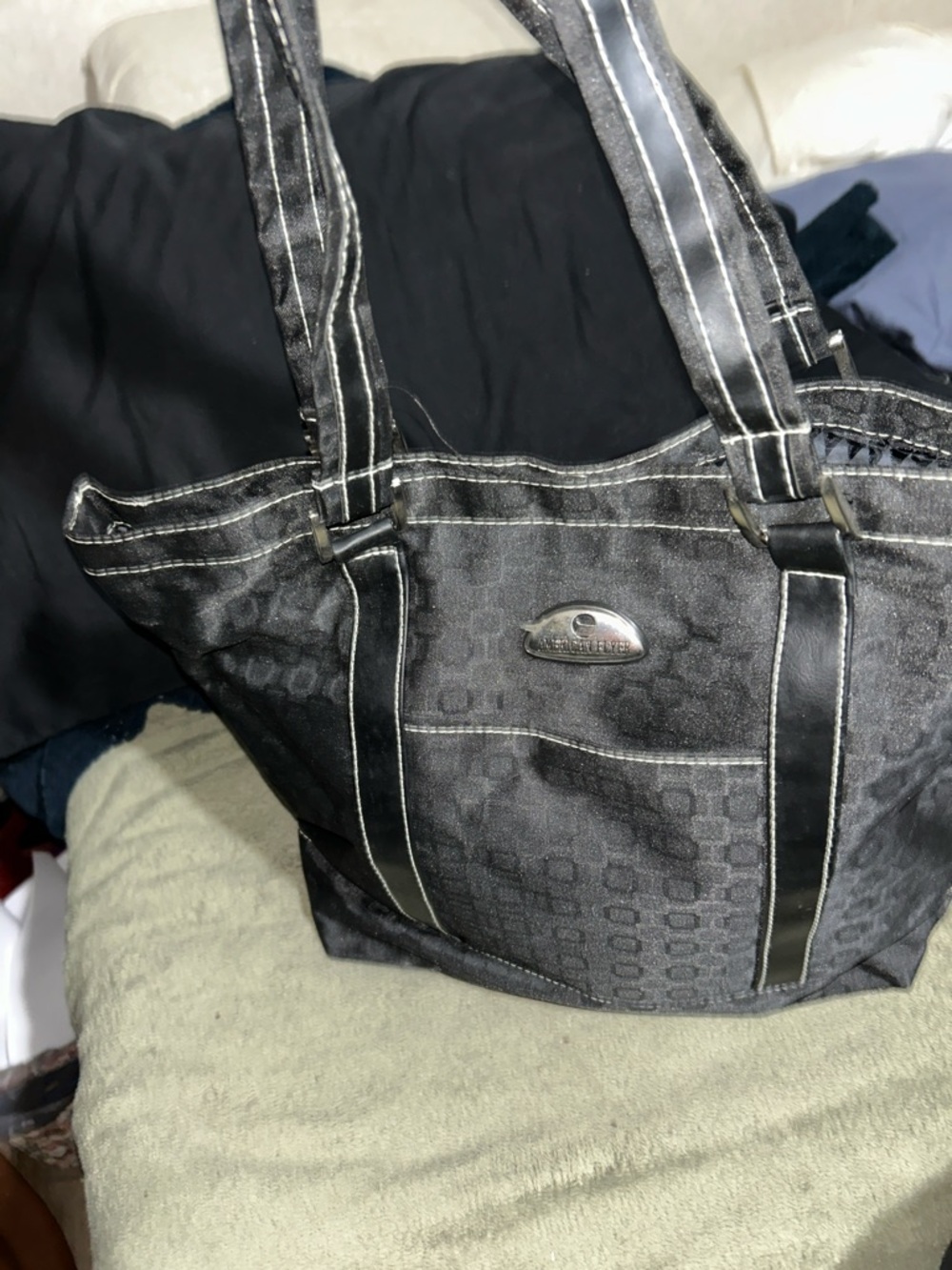 Black Patterned Tote Bag with Logo Plaque
